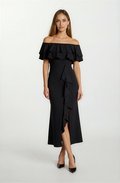 Adio Volanlı Uzun Abiye Elbise SİYAH