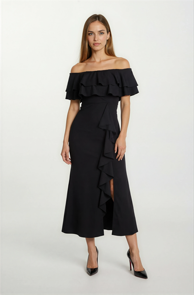 Adio Volanlı Uzun Abiye Elbise SİYAH