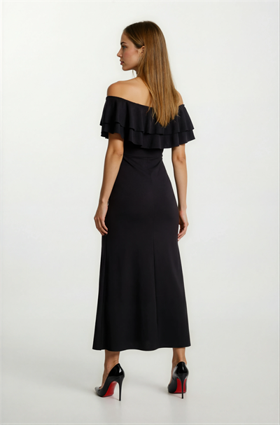 Adio Volanlı Uzun Abiye Elbise SİYAH