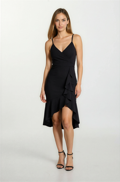 Agus Eteği Volanlı Askılı Kısa Abiye Elbise SİYAH