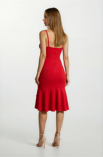 Agus Eteği Volanlı Askılı Kısa Abiye Elbise KIRMIZI