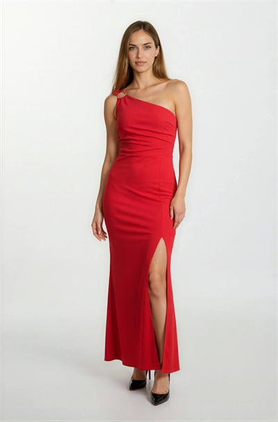 Ampilioi Tek Omuz Askılı Halka Detaylı Uzun Abiye Elbise KIRMIZI