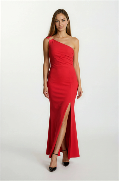 Ampilioi Tek Omuz Askılı Halka Detaylı Uzun Abiye Elbise KIRMIZI