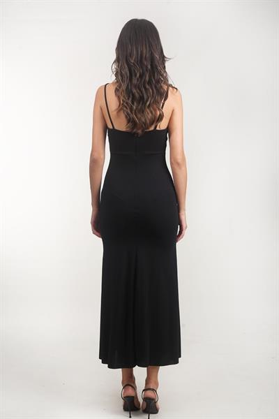 Amulia İnce Askılı Önü Fırfırlı Uzun Abiye Elbise SİYAH