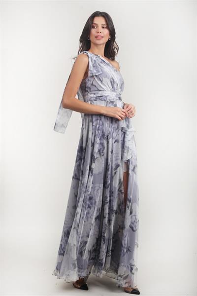 Andreina Tek Omuz Beli Drapeli Fırfırlu Uzun Abiye Elbise İNDİGO