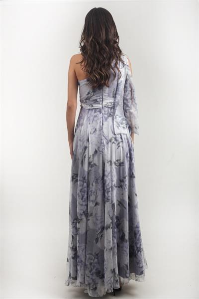 Andreina Tek Omuz Beli Drapeli Fırfırlu Uzun Abiye Elbise İNDİGO