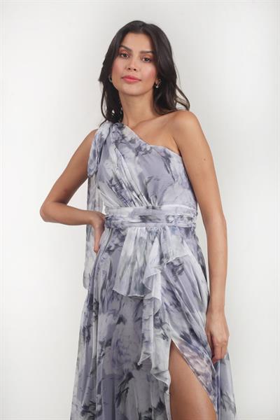 Andreina Tek Omuz Beli Drapeli Fırfırlu Uzun Abiye Elbise İNDİGO