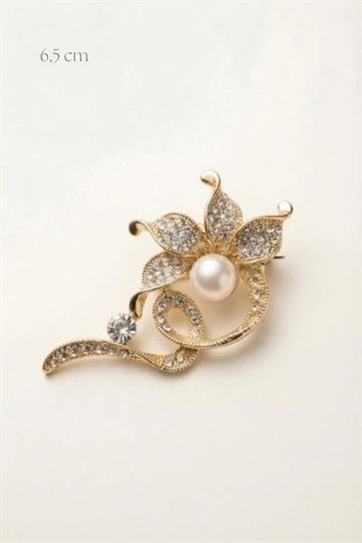 Taş İşlemeli İnci Detaylı Çiçek Formlu Broş 6.5 cm SARI
