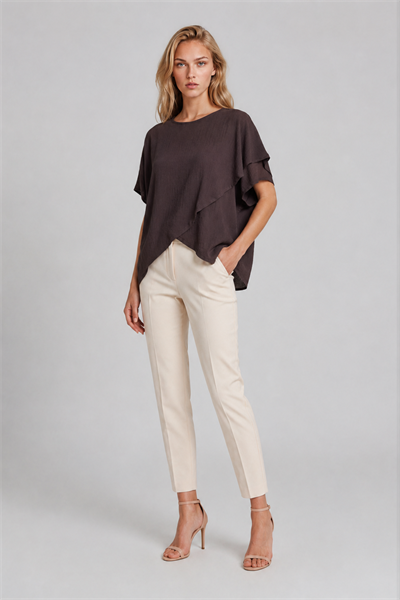 Asimetrik Kesim Kat Detaylı Oversize  Bluz KAHVE
