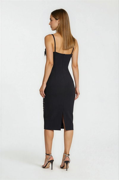 Askılı V Yaka Taşlı Mini Abiye Elbise SİYAH