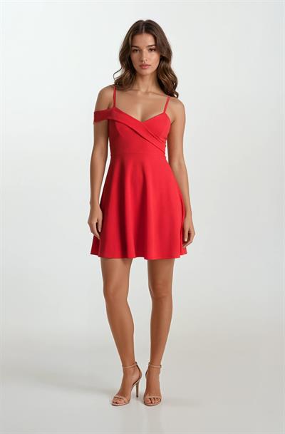 Bambina İnce Askılı Kloş Kısa Abiye Elbise KIRMIZI