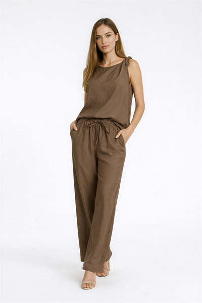 Beli Bağcıklı Lastikli Bol Paça Pantolon KAHVE