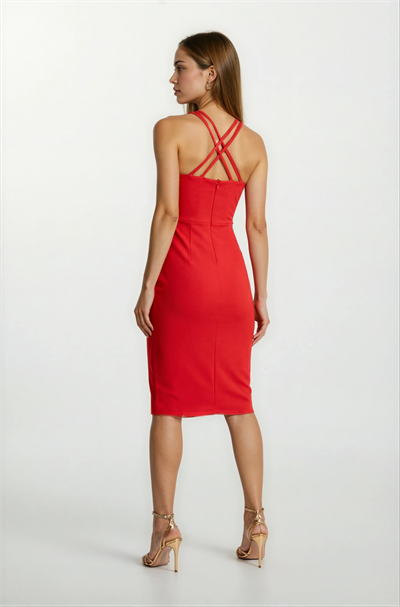Berridge V Yaka Sırtı Çapraz Kısa Abiye Elbise KIRMIZI