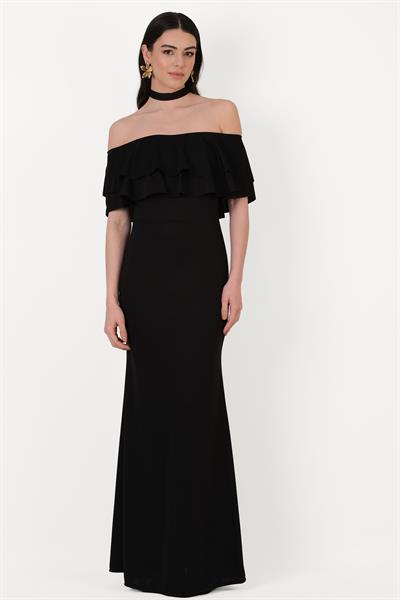 Bersiha Boyundan Bağlı Yaka Fırfırlı Uzun Abiye Elbise SİYAH
