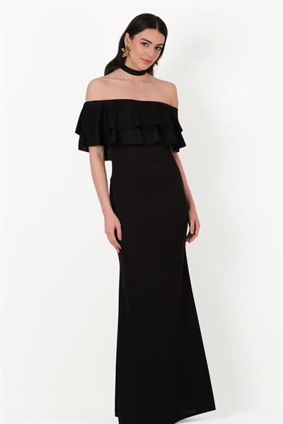 Bersiha Boyundan Bağlı Yaka Fırfırlı Uzun Abiye Elbise SİYAH
