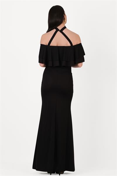 Bersiha Boyundan Bağlı Yaka Fırfırlı Uzun Abiye Elbise SİYAH