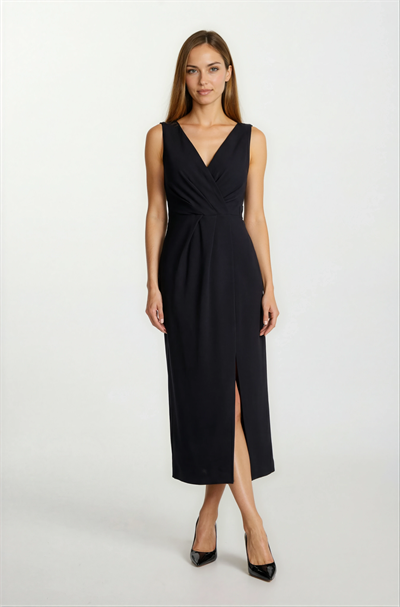 Bethel Kruvaze Yaka Önü Pileli Uzun Abiye Elbise SİYAH