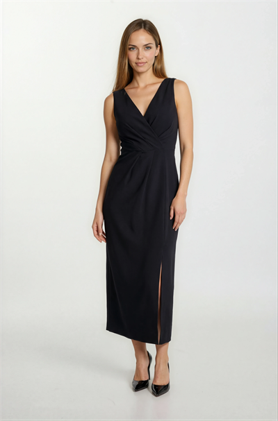 Bethel Kruvaze Yaka Önü Pileli Uzun Abiye Elbise SİYAH