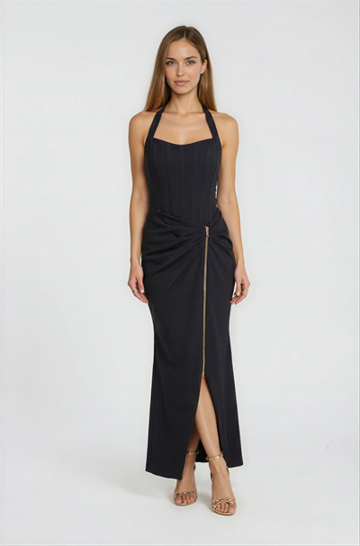 Boyundan Bağlamalı Korse Görünümlü Fermuar Detaylıı Drapeli Balık Davet Elbisesi SİYAH