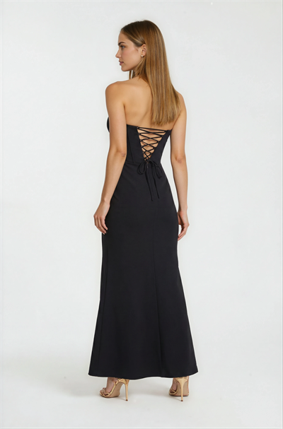 Boyundan Bağlamalı Korse Görünümlü Fermuar Detaylıı Drapeli Balık Davet Elbisesi SİYAH