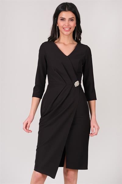 Cannata Pileli V Yaka Kısa Abiye Elbise SİYAH