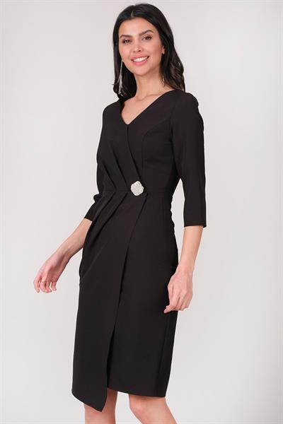 Cannata Pileli V Yaka Kısa Abiye Elbise SİYAH