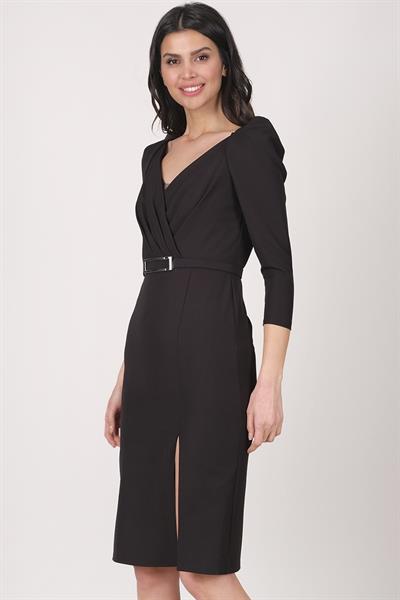 Cannavale PileliKruvaze Yaka Yırtmaçlı Elbise SİYAH