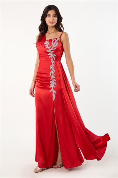 Carson Büzgülü Taş Baskılı Uzun Abiye Elbise KIRMIZI