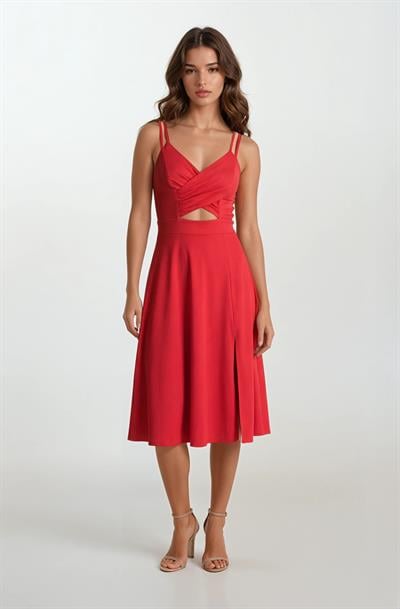 Cavallin Kruvaze Askılı Kısa Abiye Elbise KIRMIZI
