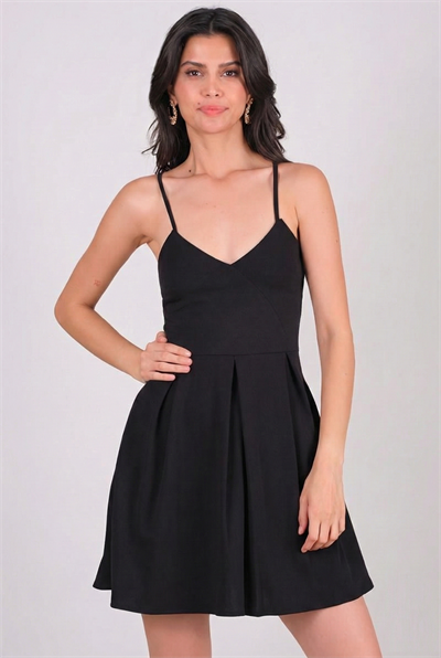 Cavazos İnce Askılı V Yaka Kısa Elbise SİYAH