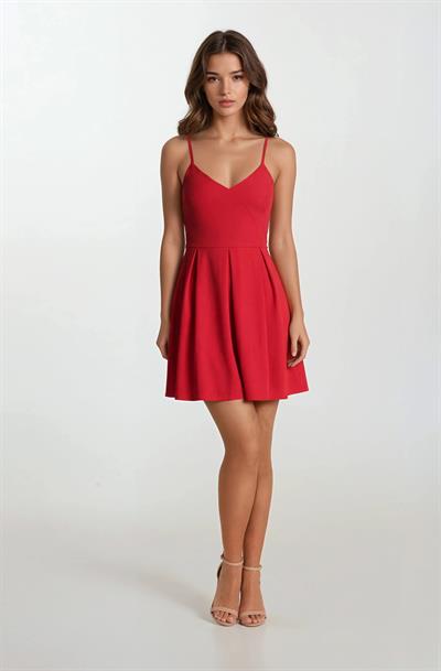 Cavazos İnce Askılı V Yaka Kısa Elbise KIRMIZI