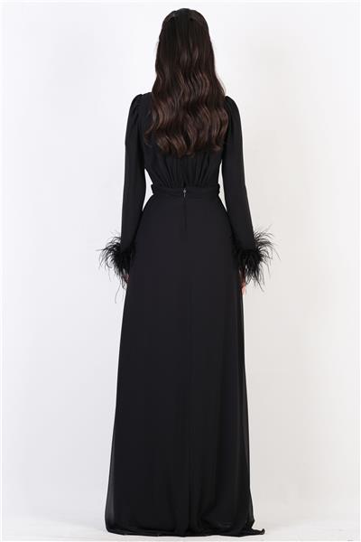 Celine Kruvaze Kolları Tüylü Pileli Uzun Abiye Elbise SİYAH