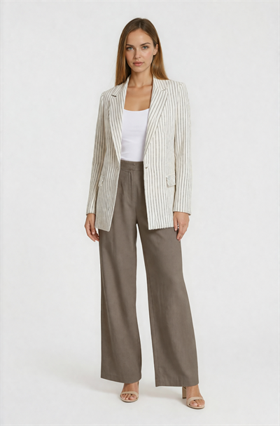 Çizgili Klasik Yaka Tek Düğme Ceket EKRU