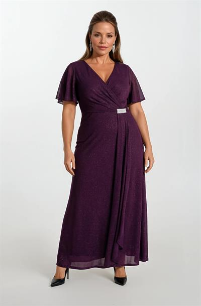 Clarenza V Yaka Aksesuar Detaylı Uzun Abiye Elbise MÜRDÜM