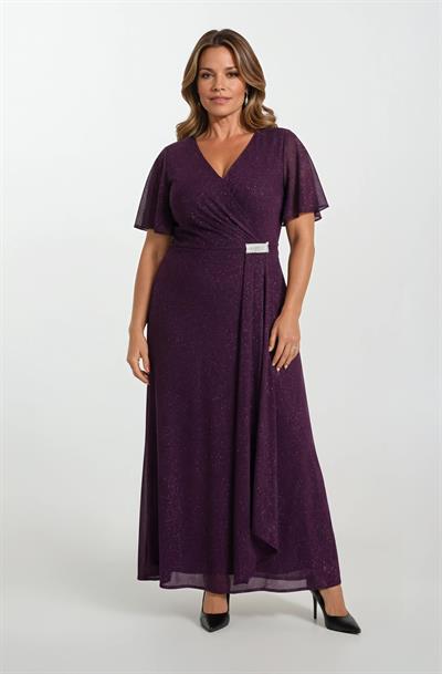 Clarenza V Yaka Aksesuar Detaylı Uzun Abiye Elbise MÜRDÜM