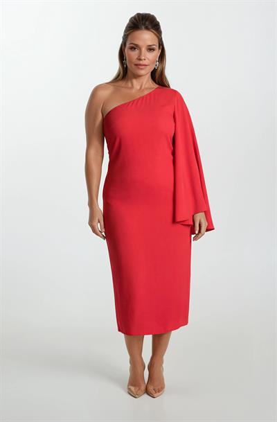 Clario Geniş Kesim Tek  Kol Uzun Abiye Elbise KIRMIZI