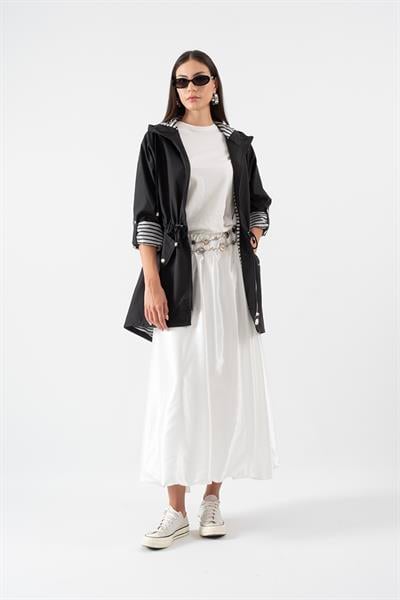 Clemente Kapüşonlu Ayarlanabilir Beli Büzgülü Katlamalı Kol Mont SİYAH