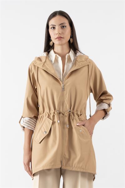 Clemente Kapüşonlu Ayarlanabilir Beli Büzgülü Katlamalı Kol Mont CAMEL