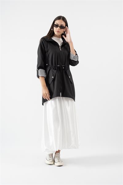 Clemente Kapüşonlu Ayarlanabilir Beli Büzgülü Katlamalı Kol Mont SİYAH