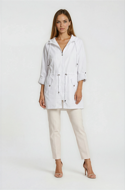 Clemente Kapüşonlu Ayarlanabilir Beli Büzgülü Katlamalı Kol Mont BEYAZ