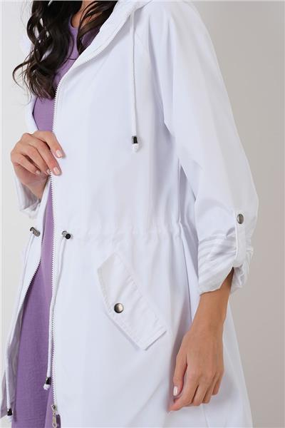 Clemente Kapüşonlu Ayarlanabilir Beli Büzgülü Katlamalı Kol Mont BEYAZ