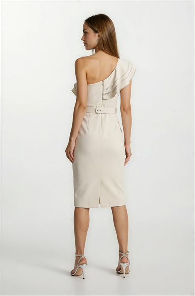 Cleonte Tek Omuz  Fırfırlı Kemerli Kısa Abiye Elbise BEJ