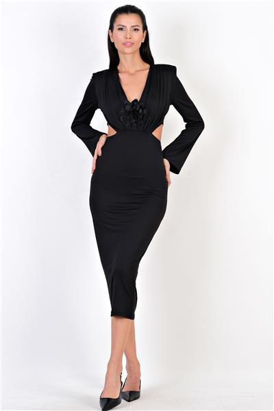 Cleope Bel Açık V Yaka Gül Detaylı Uzun Abiye Elbise SİYAH