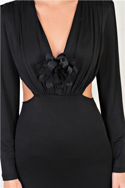 Cleope Bel Açık V Yaka Gül Detaylı Uzun Abiye Elbise SİYAH