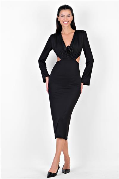 Cleope Bel Açık V Yaka Gül Detaylı Uzun Abiye Elbise SİYAH