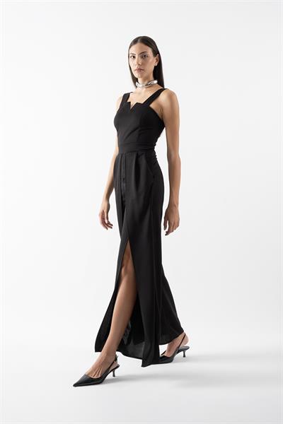 Cleria U Yaka Kalın Askılı Yırtmaçlı Abiye Tulum SİYAH