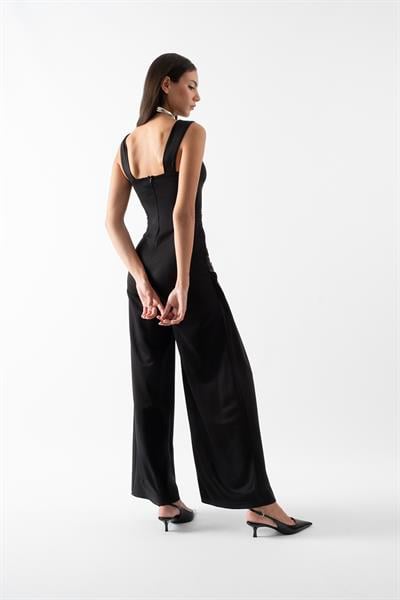 Cleria U Yaka Kalın Askılı Yırtmaçlı Abiye Tulum SİYAH