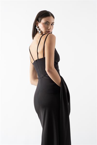 Clerioi Kruvaze İnce Askılı Yandan Parça Detaylı Uzun Abiye Elbise SİYAH