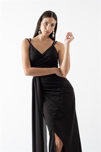 Clerioi Kruvaze İnce Askılı Yandan Parça Detaylı Uzun Abiye Elbise SİYAH