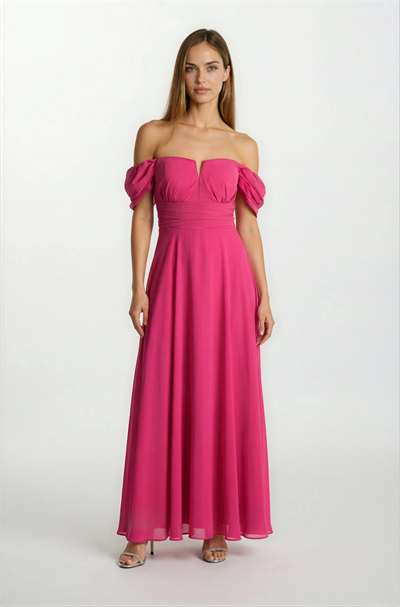 Cliceria U Yaka Beli Drapeli Yırtmaçlı Uzun Abiye Elbise FUŞYA